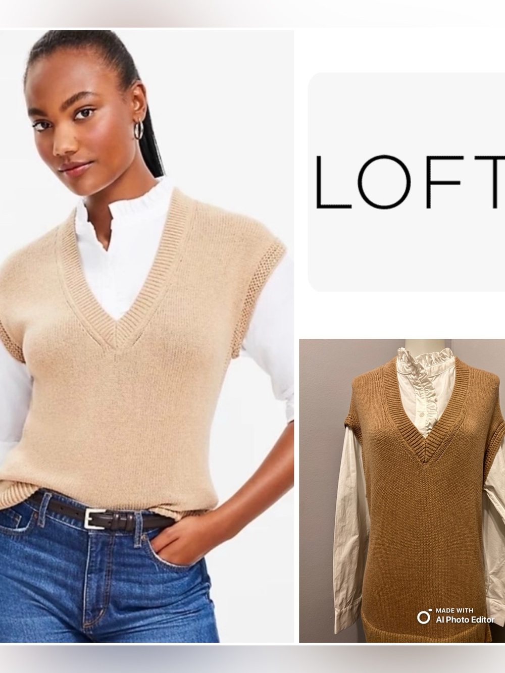 LOFT Mixed Media Sweater Vest Mock Neck Blouse 2-in-1 Top Size M EUC
